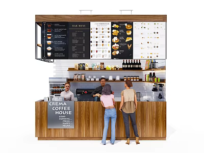 Cena Coffee House Wooden Bar Counter With Menu Board Customers And Barista Serving 3d model