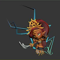3D Character Design With Red Hair Golden Headdress Axe And Blue Geometric Lightning Elements