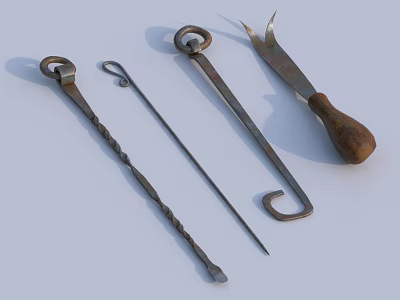 Vintage Metal Hardware Tools Collection with Wooden Handle and Various Functional Shapes 3d model