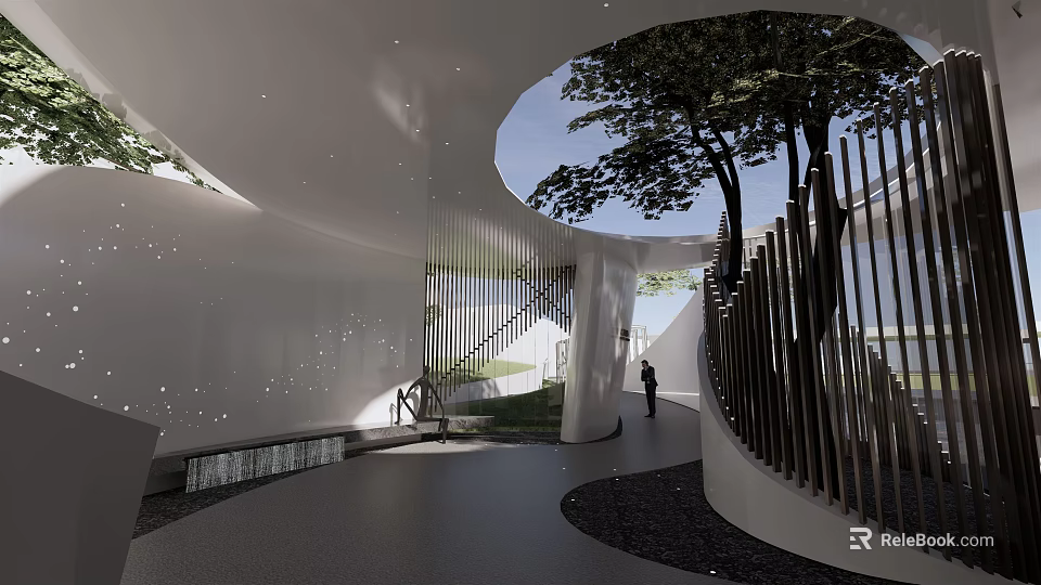 Garden Landscape In Modern Architectural Interior With Circular Skylight Trees And Curved Staircase 3d model 