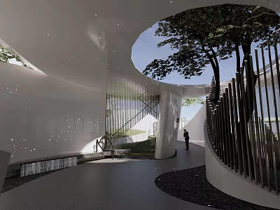 Garden Landscape In Modern Architectural Interior With Circular Skylight Trees And Curved Staircase 3d model