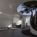 Garden Landscape In Modern Architectural Interior With Circular Skylight Trees And Curved Staircase