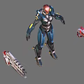 Sci Fi Game Character in Blue Black Armor Red Glowing Head Metallic Texture Small Mechanical Devices 3d model