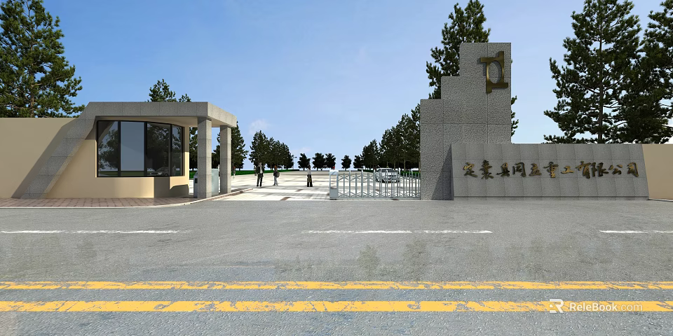 Industrial Zone Entrance Gate with Stone Pillar Guard House Trees and Road 3d model 