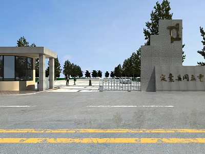 Industrial Zone Entrance Gate with Stone Pillar Guard House Trees and Road 3d model