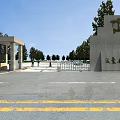 Industrial Zone Entrance Gate with Stone Pillar Guard House Trees and Road