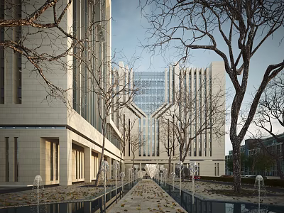Modern Office Building Exterior With Stone Facade Glass Curtain Wall Trees And Walkway Along Fountains 3d model