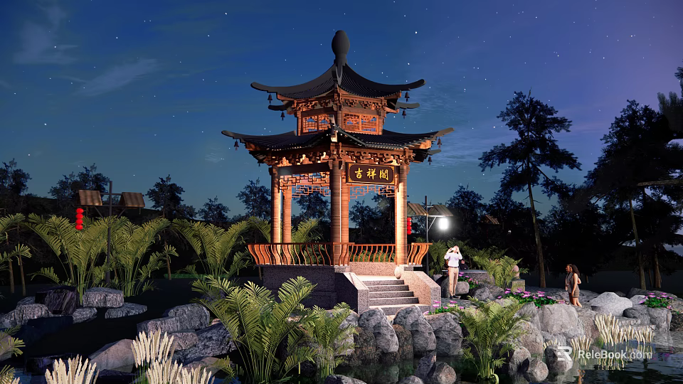 Scenic Traditional Chinese Pavilion Night View With Green Plants Stones and People Around 3d model 