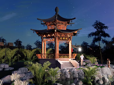 Scenic Traditional Chinese Pavilion Night View With Green Plants Stones and People Around 3d model