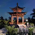 Scenic Traditional Chinese Pavilion Night View With Green Plants Stones and People Around