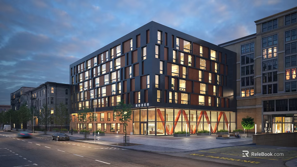 Modern Office Building Exterior With Glass Facade And Evening Lighting On Street View 3d model 
