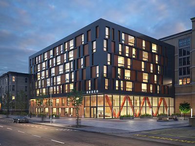 Modern Office Building Exterior With Glass Facade And Evening Lighting On Street View 3d model