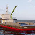 PELICANO Red Brown Work Vessel With Green Crane On Ocean Water