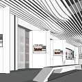 School Exhibition Space Featuring White Interior Wavy Ceiling Mannequins Benches And Large Windows