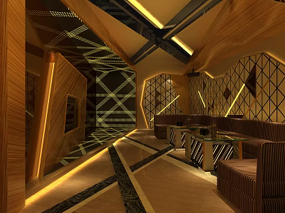 Modern KTV Lounge Interior With Stylish Sofa Lighting Geometric Walls And Wooden Decor 3d model