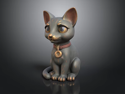 Metallic Cat Sculpture With Copper Ears Paws Red Collar And Circular Pendant 3d model