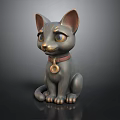Metallic Cat Sculpture With Copper Ears Paws Red Collar And Circular Pendant