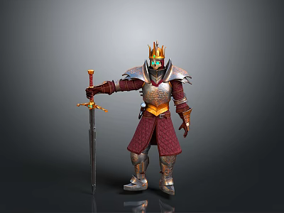 Medieval Man In Ornate Armor With Golden Crown Holding Sword Standing 3d model