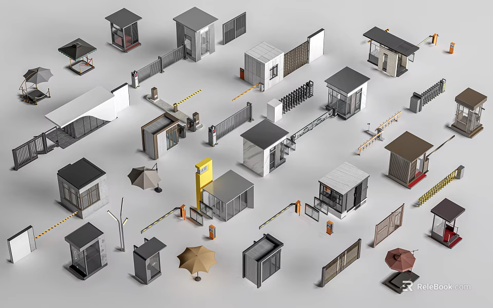 Design Collection of Small Architectural Elements With Booths Fences Gates Barriers And Umbrellas 3d model 
