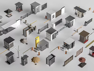 Design Collection of Small Architectural Elements With Booths Fences Gates Barriers And Umbrellas 3d model