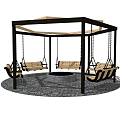 Outdoor Hexagonal Playground Equipment Featuring Swings Benches and Gravel Ground
