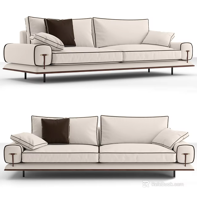 Two Seater Beige Sofa with Dark Cushions Wooden Armrests and Black Legs Modern Design 3d model 