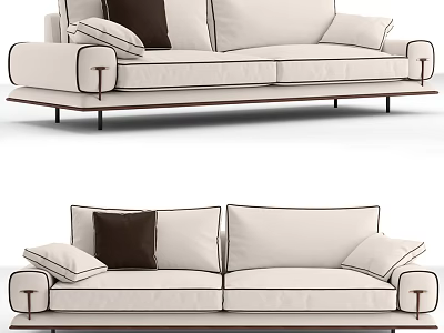 Two Seater Beige Sofa with Dark Cushions Wooden Armrests and Black Legs Modern Design 3d model