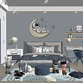 Kids Room Interior With Moon Astronaut Stars Wall Decor Bed Toys And Blue Chair