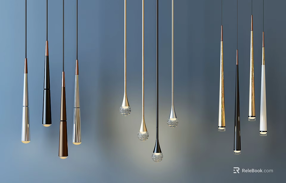 Modern Elegant Chandeliers With Sleek Conical Design Gold Silver Black Metal And Crystal Pendant Details 3d model 