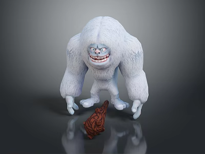 White Furry Yeti 3D Model With Fierce Expression Sharp Teeth Brown Patterned Object At Feet 3d model