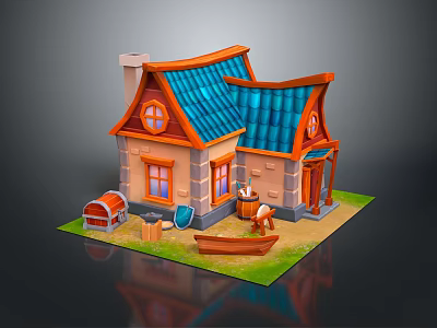 Cartoon House Scene With Blue Roof Orange Eaves Beige Walls Round Windows And Small Boat 3d model