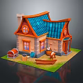 Cartoon House Scene With Blue Roof Orange Eaves Beige Walls Round Windows And Small Boat