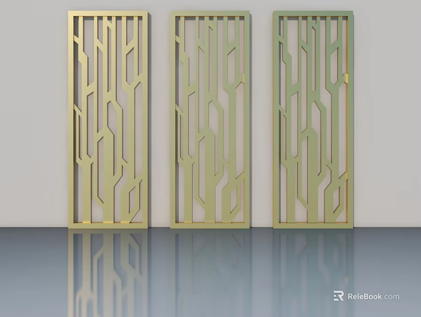 Three Modern Golden Swing Doors With Laser Cut Geometric Patterns Design 3d model 