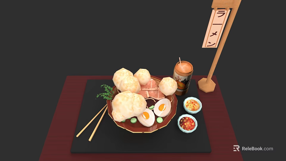 Japanese Food Platter With Steamed Buns Sliced Meat Eggs Sauces Chopsticks Drink Can And Sign 3d model 