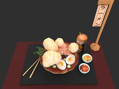 Japanese Food Platter With Steamed Buns Sliced Meat Eggs Sauces Chopsticks Drink Can And Sign 3d model