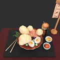 Japanese Food Platter With Steamed Buns Sliced Meat Eggs Sauces Chopsticks Drink Can And Sign