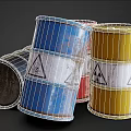 Industrial Equipment Featuring Yellow Red Blue Black Drums With Radioactive And Flame Symbols