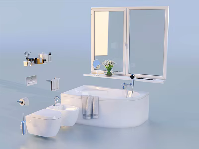 Essential Bathroom Living Products With Bathtub Toilet Mirror Towel And Toiletries 3d model