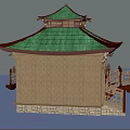 Ancient Chinese Traditional Pavilion with Green Tiled Roof and Wooden Bridge with Decorative Railings