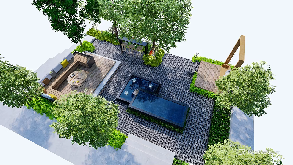 Courtyard Garden Design With Paved Ground Blue Water Feature Trees Green Plants And Seating Area 3d model 