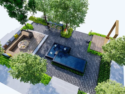 Courtyard Garden Design With Paved Ground Blue Water Feature Trees Green Plants And Seating Area 3d model