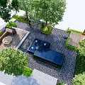 Courtyard Garden Design With Paved Ground Blue Water Feature Trees Green Plants And Seating Area