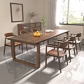 Modern Solid Wood Dining Table With Six Chairs Fruit Bowl Green Plant And White Napkin