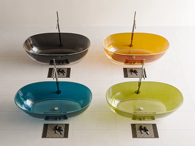 Colorful Vessel Bathtubs In Modern Transparent Acrylic With Metal Stands On White Tiles 3d model