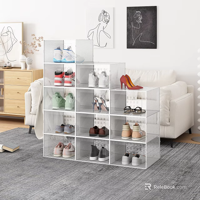 Transparent Mesh Shoe Rack for Organizing Various Shoes in Modern Living Room with Multiple Compartments 3d model 