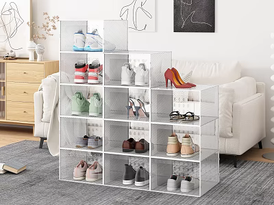 Transparent Mesh Shoe Rack for Organizing Various Shoes in Modern Living Room with Multiple Compartments 3d model