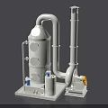 Industrial Processing Equipment with Vertical Cylindrical Tower Connecting Pipes Valves and Yellow Fan Unit