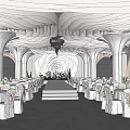 Elegant Banquet Hall With Curved White Ceiling Chandeliers And White Seats
