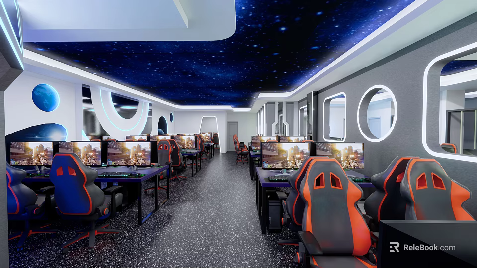 Modern Internet Cafe Interior With Starry Sky Ceiling Gaming Chairs And Computers 3d model 