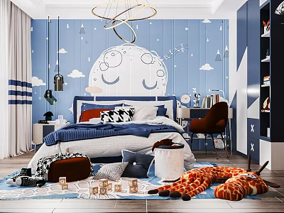 Kids Room Interior Design With Blue Walls Moon Cloud Patterns Circular Chandelier And Giraffe Plush 3d model